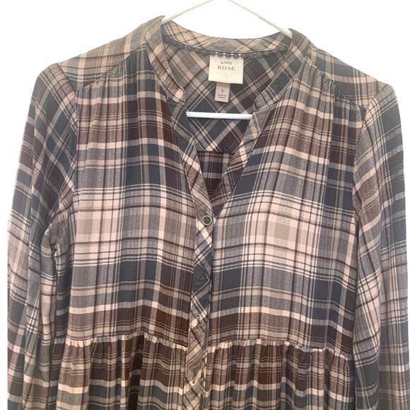 Knox Rose Baby Doll Dress S  Brown Plaid Prairie Schoolgirl Ruffle Hem Academia - Picture 4 of 6